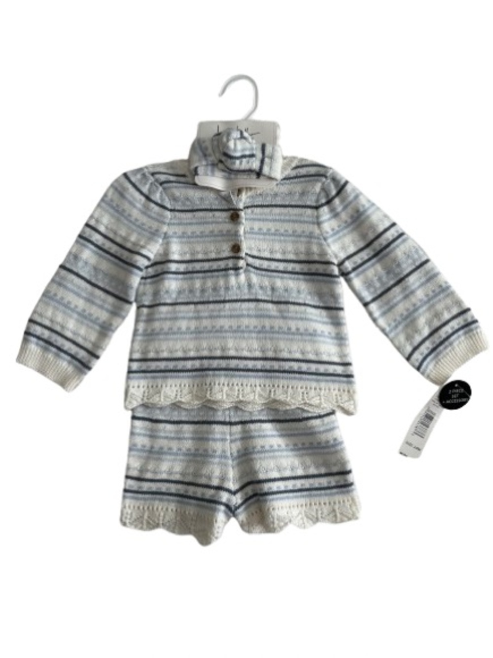 Nicole Miller Girl's 24M Cream & Blue Striped Knit Matching Set with Headband
